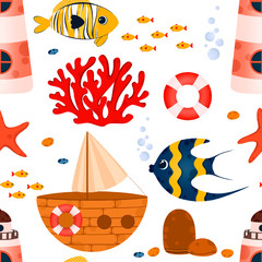Underwater life seamless pattern. Pattern with cute fish and corals. Use for postcard, print, packaging, wallpapers etc. - 254832180