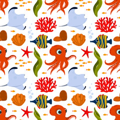 Underwater life seamless pattern. Pattern with cute fish and corals. Use for postcard, print, packaging, wallpapers etc. - 254832196