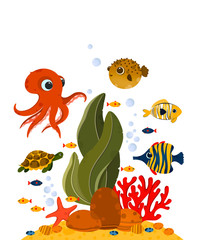 Fototapeta na wymiar Underwater life postcard. Cute ocean animals and corals. Use for postcard, print, packaging, etc.