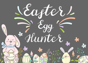  Happy easter. Card with cute bunny and flowers