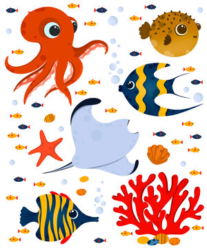 Underwater life postcard. Cute ocean animals and corals. Use for postcard, print, packaging, etc.