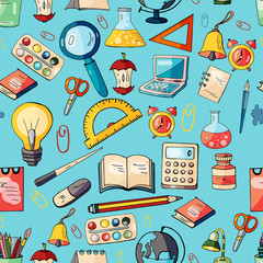 Seamless colorful hand drawn pattern with stationary on blue background