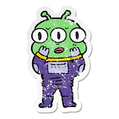 distressed sticker of a surprised three eyed alien