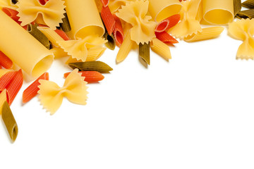 Delicious mixed pasta on white background