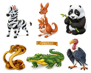 Funny animals. Zebra, kangaroo, panda bear, cobra snake, crocodile, vulture. 3d vector icon set © Natis