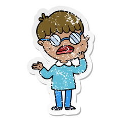 distressed sticker of a cartoon confused boy wearing spectacles