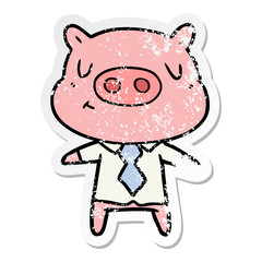 distressed sticker of a cartoon content pig in shirt and tie