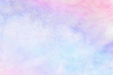 Grungy ink colors wet effect canvas aquarelle background. Fantasy smooth pastel light pink, purple and blue shades watercolor paper textured illustration for creative design, vintage card, templates © KatMoy