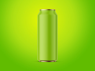 Aluminum green can mockup isolated on green background. 500ml aluminum soda can mock up.