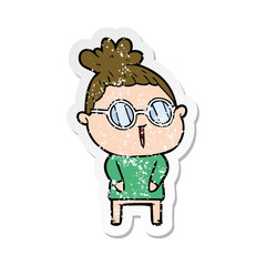 distressed sticker of a cartoon woman wearing spectacles