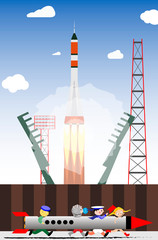 Rocket launch into space from the launch site. Cosmonaut game of children. Vector.