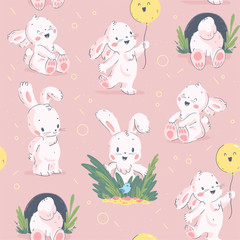 Vector flat seamless background with easter little baby bunny character & hand drawn decorative elements isolated on pastel pink background. For card, invitation, packaging design, nursery, print etc.