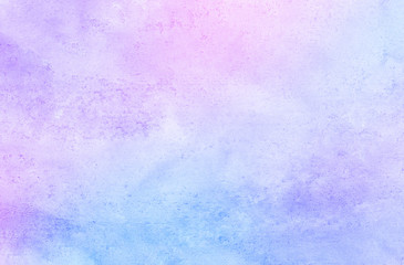 Grungy ink colors wet effect canvas aquarelle background. Fantasy smooth pastel light pink, purple and blue shades watercolor paper textured illustration for creative design, vintage card, templates
