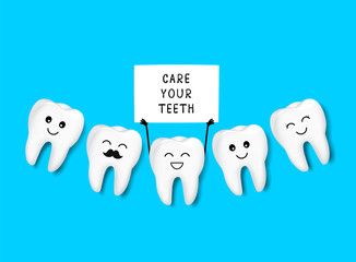 Cute cartoon teeth character with paper sign. Care your teeth concept. Vector illustration isolated on blue background.