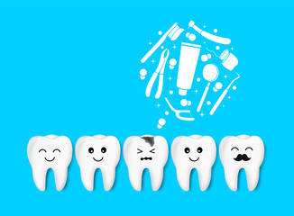 Teeth character with dentin decay. Dental care concept. Illustration isolated on blue background.