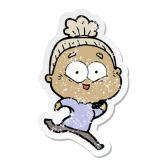 distressed sticker of a cartoon happy old woman