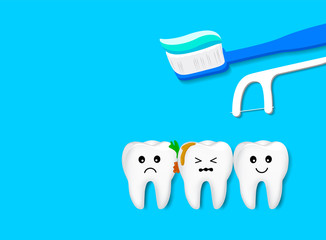 The remnants of food stuck between tooth, need to clean. Cute cartoon teeth character with toothbrush and dental floss. Vector illustration isolated on blue background. Dental care concept.