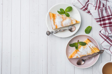 Cottage cheese casserole on a plate with powdered sugar and mint leaves. Selective focus Copy space