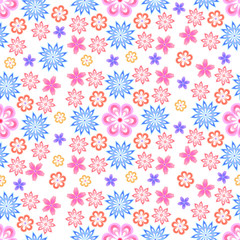 Vector seamless floral background with a pattern of different small flowers in pastel colors on a white background.