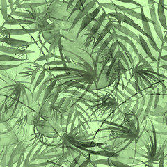 Tropical leaves.Watercolor leaves of a tree, palms, bamboo, nettle, abstract splash. Watercolor abstract seamless background, pattern, spot, splash of paint, blot, divorce, color. Tropic pattern.