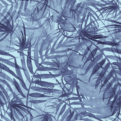 Tropical leaves. Watercolor leaves of a tree, palms, bamboo, nettle, abstract splash. Watercolor abstract seamless background, pattern, spot, splash of paint, blot, divorce, color. Tropic pattern.