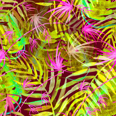Tropical leaves.Watercolor leaves of a tree, palms, bamboo, nettle, abstract splash. Watercolor abstract seamless background, pattern, spot, splash of paint, blot, divorce, color. Tropic pattern.