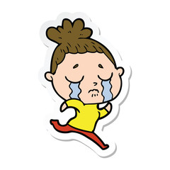 sticker of a cartoon crying woman running away