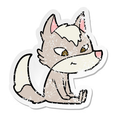 distressed sticker of a friendly cartoon wolf