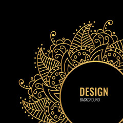 Design cover with golden vector mandala on black background. A symbol of life and health. Invitation, banner, magic symbol.