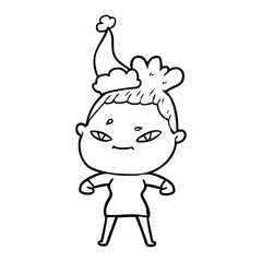 line drawing of a woman wearing santa hat