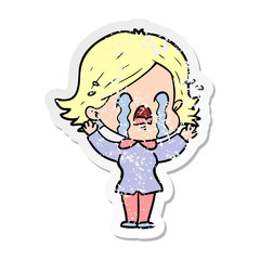 distressed sticker of a cartoon woman crying