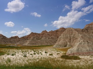 Fototapeta na wymiar Wide view of the scenic landscape at the Badlands National Park in South Dakota, USA.