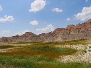 Badlands National Park in South Dakota, USA, wide view, on a beautiful bright day.