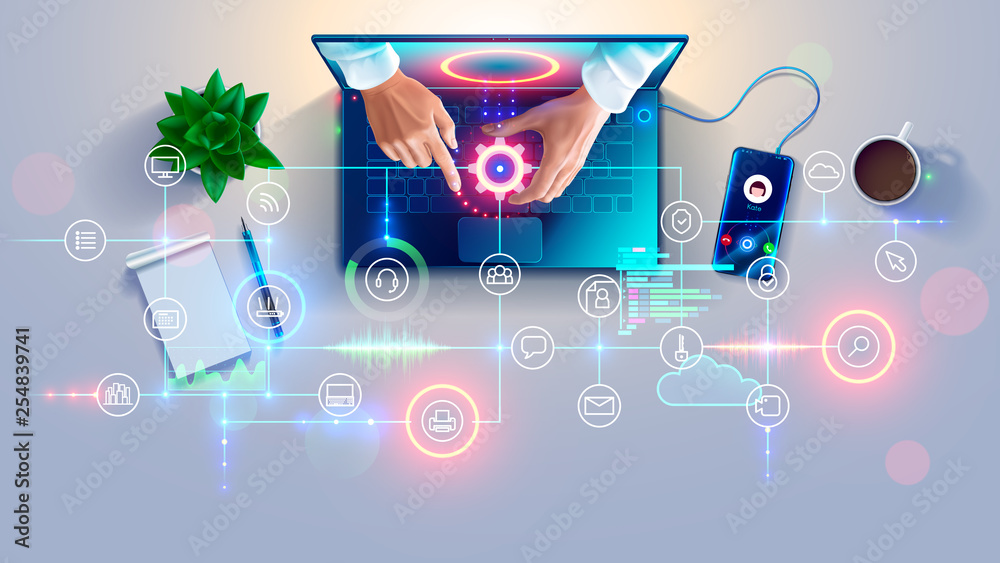 Poster Remote Support online. Remotely access and control desktop of computers or laptop via web internet connection. System administrator helps of customers, employees fix issues, setup software, equipment.