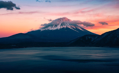 Beautiful Fuji mountain on evening  with cold weather at lake side - obrazy, fototapety, plakaty