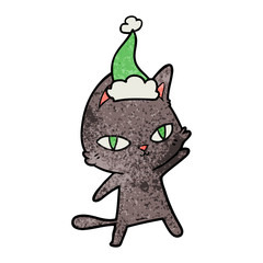 textured cartoon of a cat staring wearing santa hat