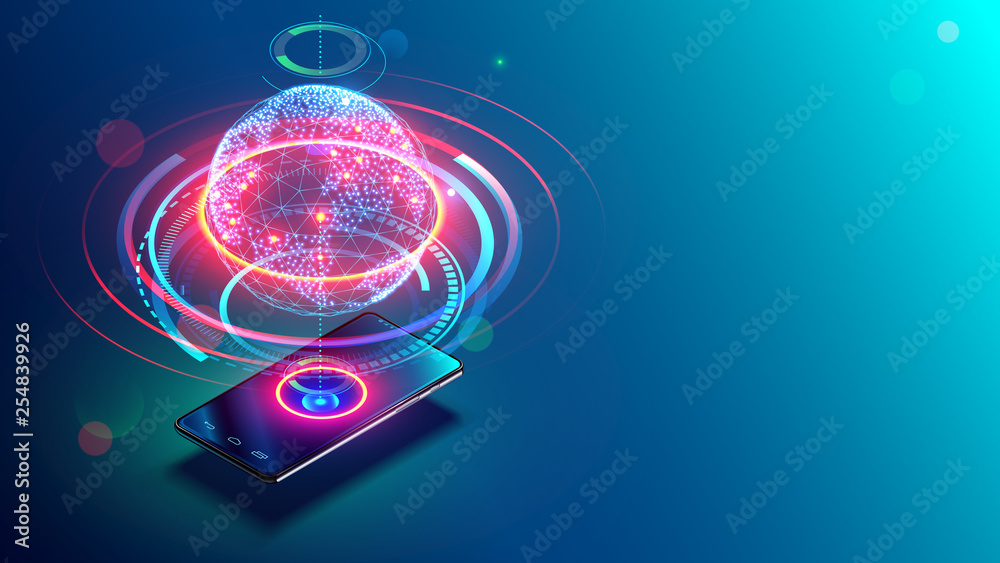 Aufkleber High speed communications with world wide web from anywhere in world via phone mobile internet. Hologram earth consists light dots. Abstract virtual hud elements over screen modern glass smartphone.
