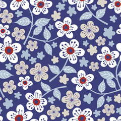 Seamless floral pattern with blue background. Vector illustration