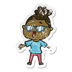 distressed sticker of a cartoon happy woman wearing spectacles