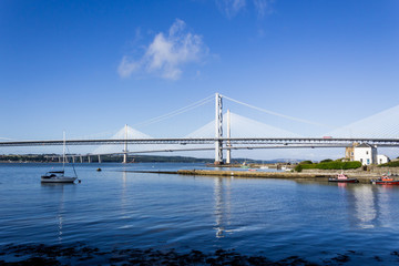 View of Forth Road Bridge and Queensferry Crossing from Queensferry