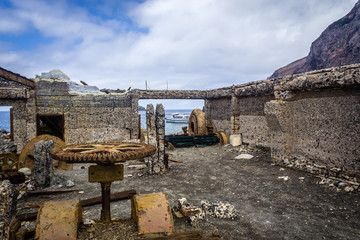 Dilapidated mine workings on White Island, New Zealand