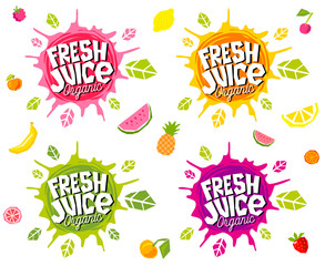 Fresh juice logo emblem bright splash shiny stickers, organic emblems banners labels , fruits vegetables fresh smoothies. Vegan eco bio green healthy food. Hand drawn vector illustration. © Iraida Bearlala