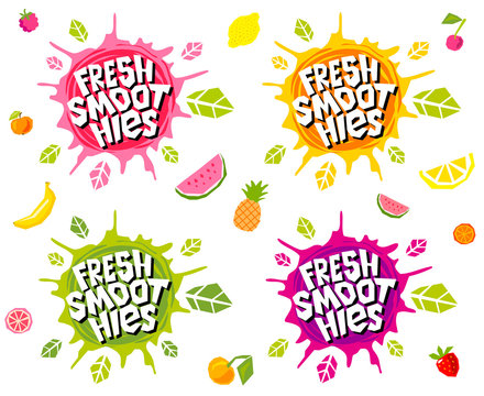 Fresh Smoothies Logo Emblem Bright Splash Shiny Stickers, Organic Emblems Banners Labels , Fruits Vegetables Fresh Juice. Vegan Eco Bio Green Healthy Food. Hand Drawn Vector Illustration.