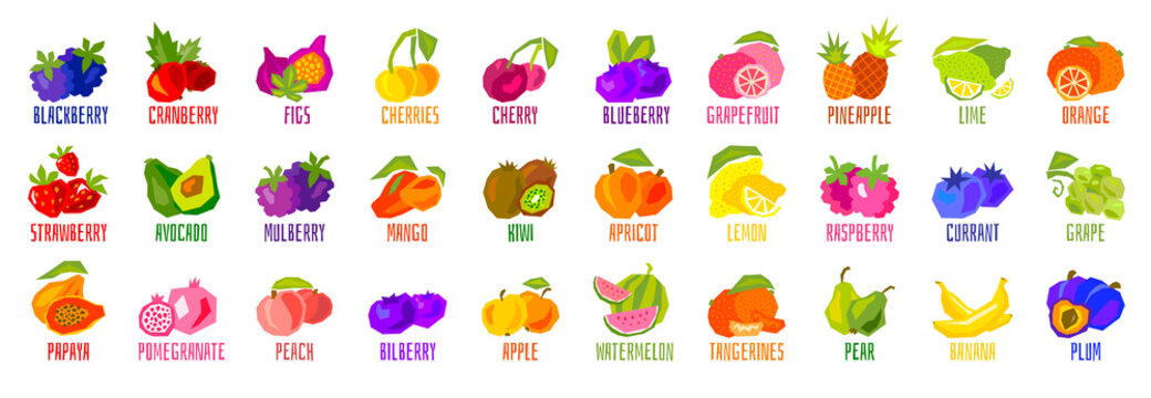 Big set of fruit icons isolated on white background. Colorful tropical fruits leaves lettering. Concept graphic vector element.