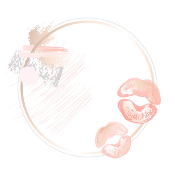 Golden pink nude art frames. Modern card design, brush stroke, lipstick traces, gold, imprint lips, kiss, premium brochure, flyer, invitation. Beauty identity elegant style. Hand drawn vector.