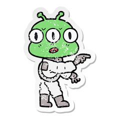 distressed sticker of a cartoon three eyed alien