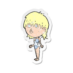 retro distressed sticker of a cartoon woman in swimsuit shrugging shoulders