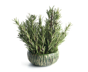 Bowl with fresh rosemary on white background