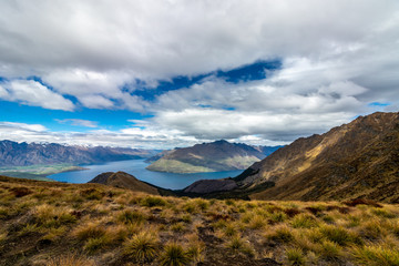 View from Ben Lomond Saddle over Queenstown, The Remarkables and Lake Wakatipu, New Zealand