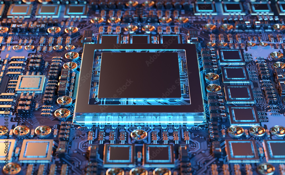 Fototapete close-up view of a modern gpu card with circuit 3d rendering